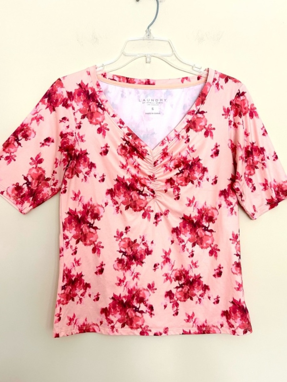 Laundry By Shelli Segal Women’s Pink Floral V-Neck Ruched Short Sleeve Top